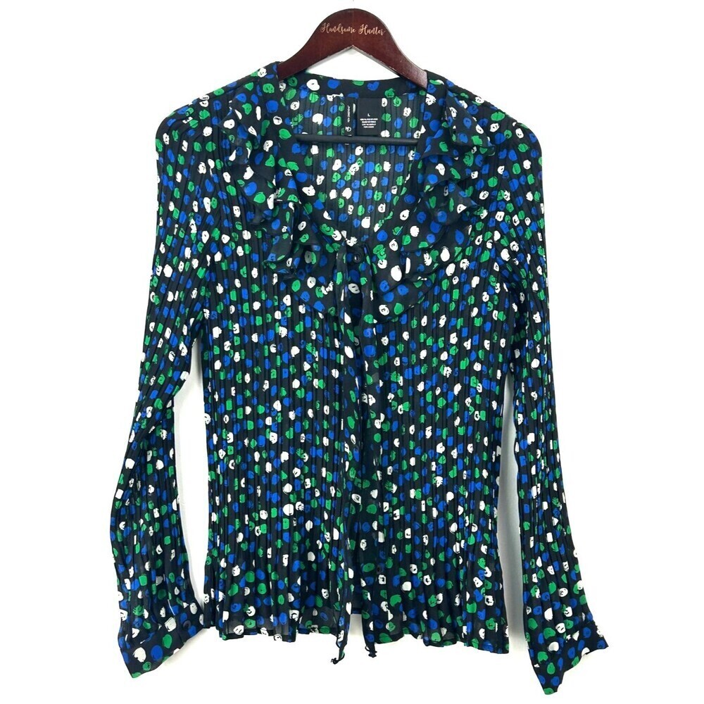 New Directions Blouse Womens L Black Polka Dot Tie Neck Pleated Crinkle 1144E4